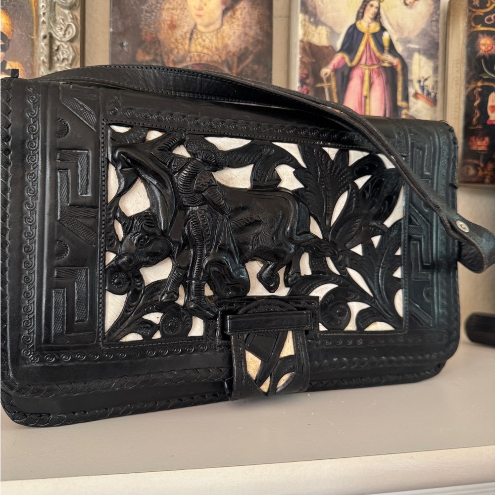 Vintage Black Tooled Leather Mexican Bag –‎ Bullfighter – Hecho en México – Rare